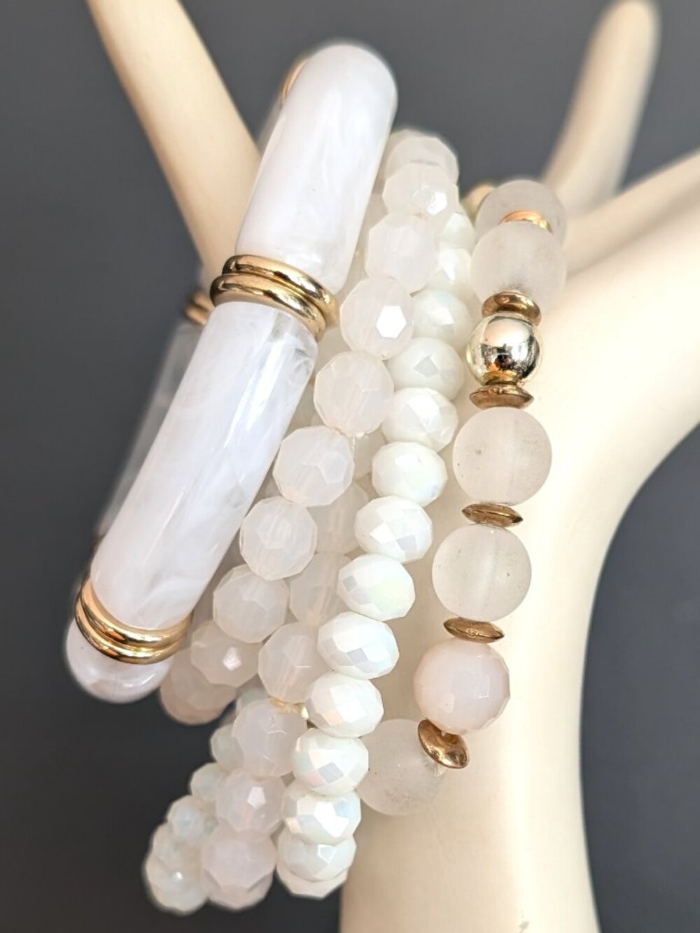 Bundle of milky white stretch bracelets